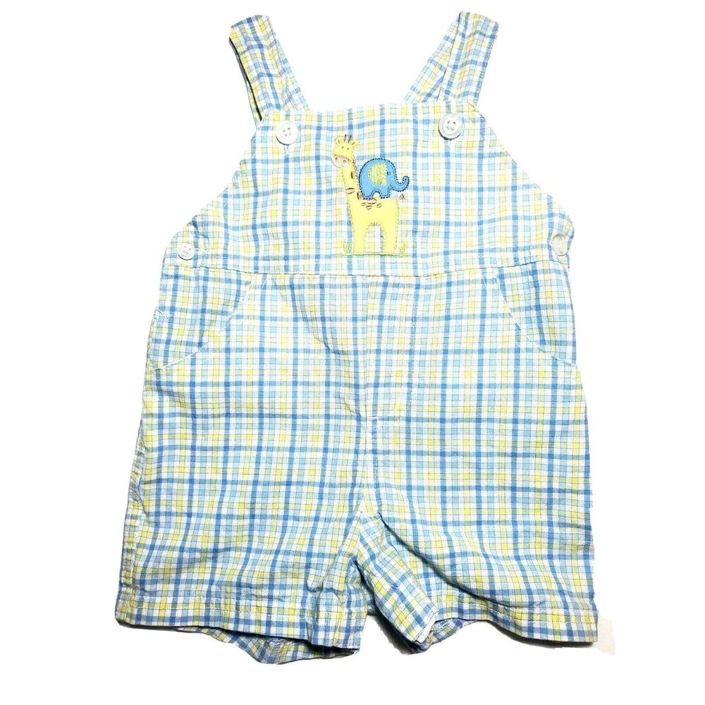 Starting Out Baby Boys 12M Overall Shorts Plaid Blue Animal Embroidered Giraffe